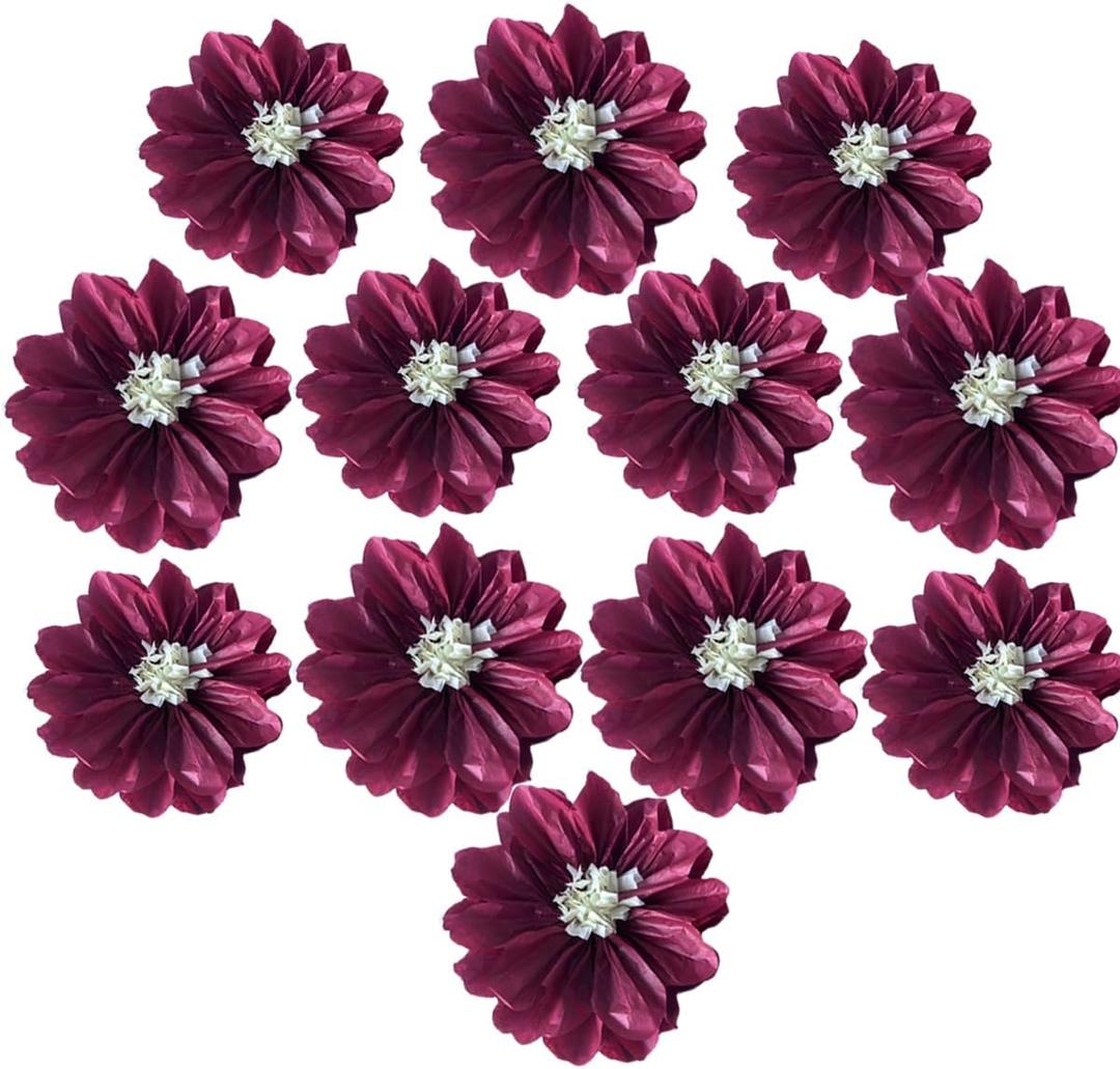 12pcs 10in 12in Paper Flowers Tissue Flowers Pom Paper Pom Poms Hanging Paper Flowers Wall Backdrop Wedding Party Flower Decorations DIY Art Craft Blooms for Birthday Baby shower Nursery decor burgundy