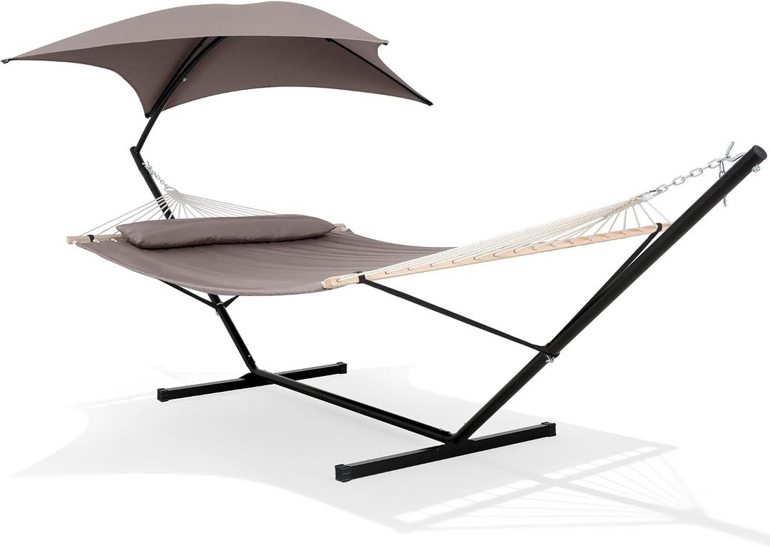 SUNCREAT Portable Outdoor Hammock with Stand, Canopy, Brown