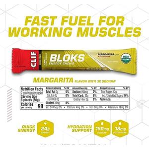 CLIF BLOKS - Margarita Flavor with 3X Sodium - Energy Chews - Non-GMO - Plant Based - Fast Fuel for Cycling and Running - Quick Carbohydrates and Electrolytes - 2.12 oz. (4 Count), No BB Date