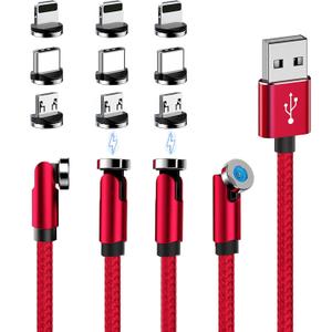 540 Rotating Magnetic Charging Cable (Red 4-Pack 3/3/6/6ft) 3 in 1 USB C Magnetic Phone Charger Cable 2.4A Fast Charge Cord for iPhone Samsung Moto Android Tablet All Micro USB/Type C Device