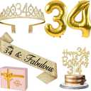 34th Birthday Decorations for Women Gold with 34th Birthday Sash and Crown, Cake Topper and Candles, Number Balloons, 34 Year Old Gifts for Women