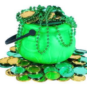 Bylion 5" St Patricks Day Green Plastic Cauldron with 100 Lucky Coins & Bead Necklace, Pot of Gold Pot for Leprechaun Decorations, Green & Gold Coins