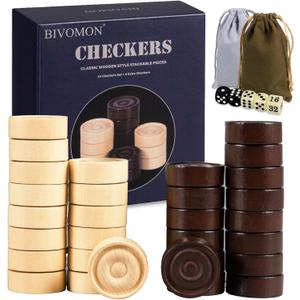 Classic Wooden Checkers Stackable Pieces, Backgammon Pieces, Set of 30 Checkers Pieces, 5 Dice, 2 Drawstring Storage Bags, Checkers (1.2 W X 0.4 H) Inches, Brown+Wood