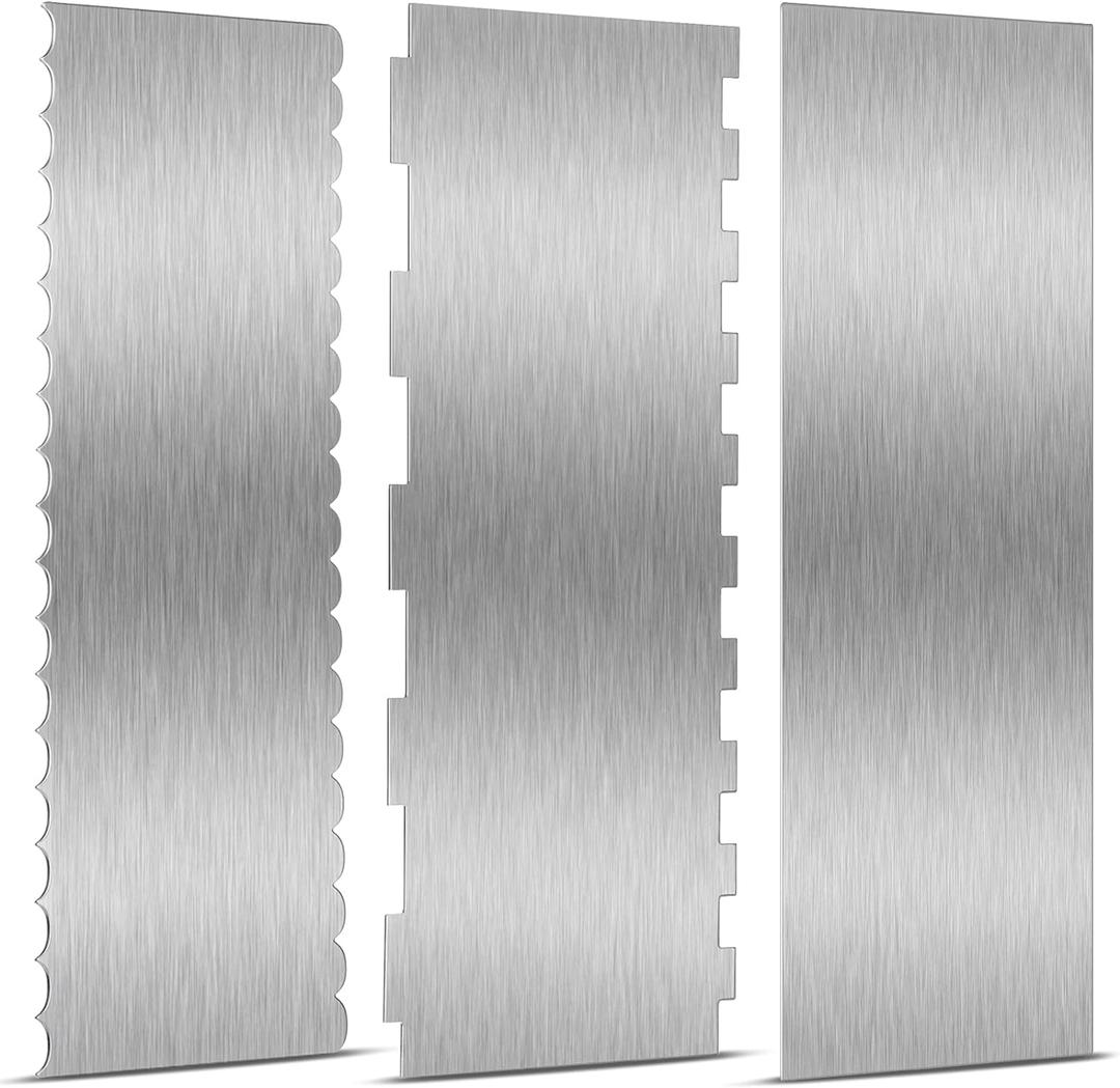 3 Pieces Stainless Steel Cake Scraper 10 Inch and 9 Inch Large Double Sided Patterned Edge Stripe Edge Smoother Scraper Cake Decorating Comb Pastry Cutter for Butter Mousse Cream Decoration