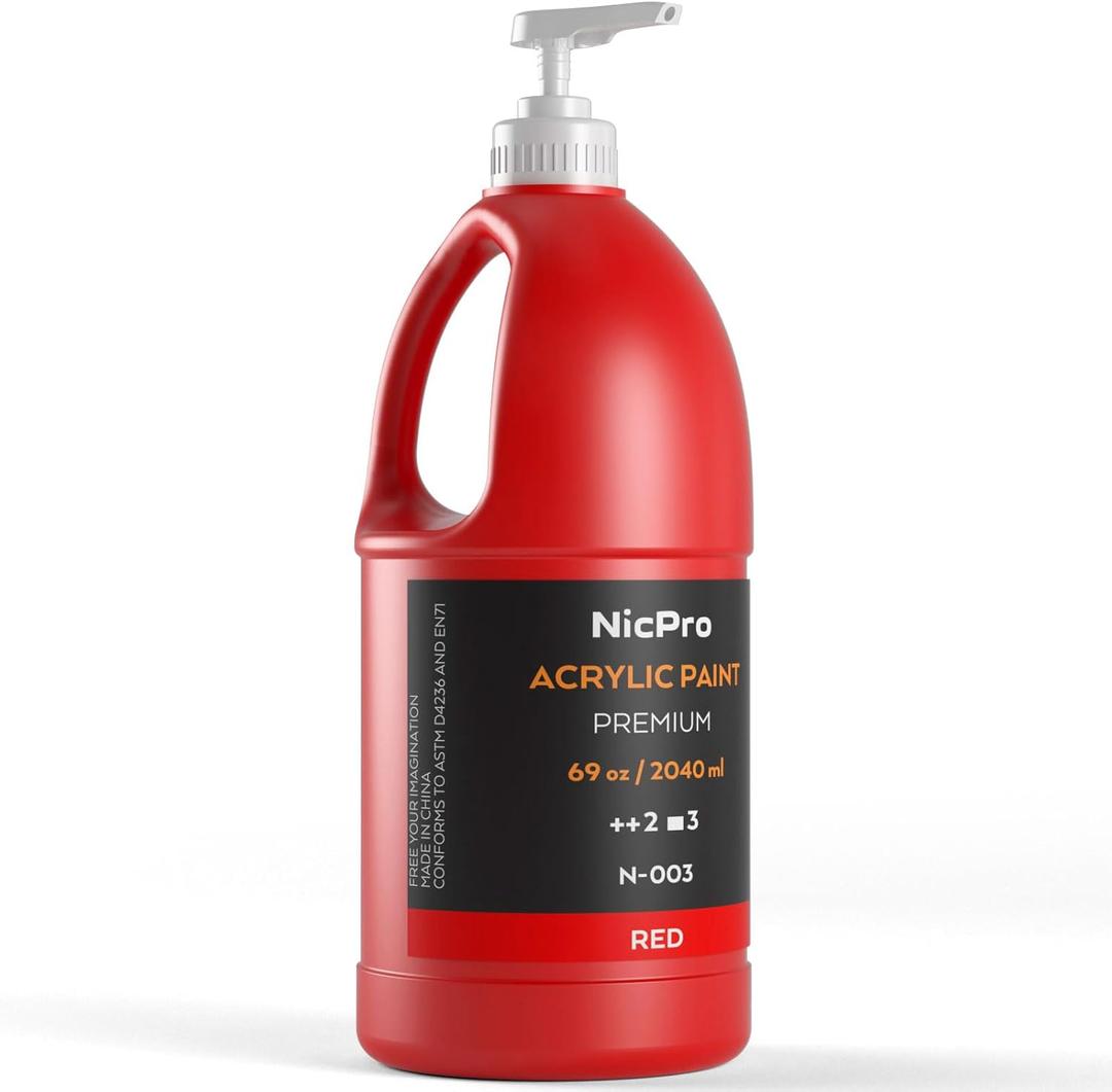 Nicpro Red Large Acrylic Paint Set (69 oz, 2040 ml) Rich Art Painting Supplies Non Toxic for Multi Surface, Canvas, Wood, Leather, Fabric Stone Craft, for Adult Beginners & Artists with Pump (69 Fl Oz (Pack of 1))