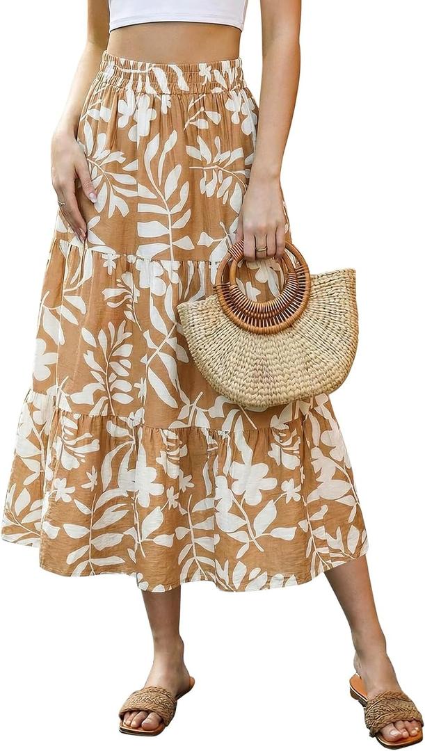 SEAFORM Women's Boho Floral Print Midi Skirt A-Line Elastic High Waist Flowy Long Skirts Casual Summer Beach Vacation Skirt (Yellow, L)