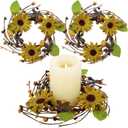 2 Pcs Retro Sunflower Spring Candle Wreaths 6 Inch Candle Rings with Iron Bee Honeycomb Pip & Leaf Pillar Candle Wreaths for Holiday Kitchen Home Table Centerpiece Indoor Outdoor Display