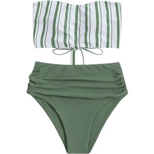 SweatyRocks Women's Bathing Suits Striped Bandeau Bikini high Waisted Swimsuits Swimwear Set (Army Green) S