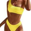 Limeeke Women One Shoulder Bikini Set Ribbed Textured Two Piece Swimsuit High Cut Cheeky Bathing Suit (Large, Yellow)