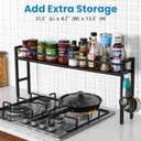 Stove Top Shelf, Extendable Spice Rack for Kitchen - Adjustable Over-the-Stove Shelf with 4 Hooks, Seasoning Organizer Countertop, Extra Space Saver (Black)