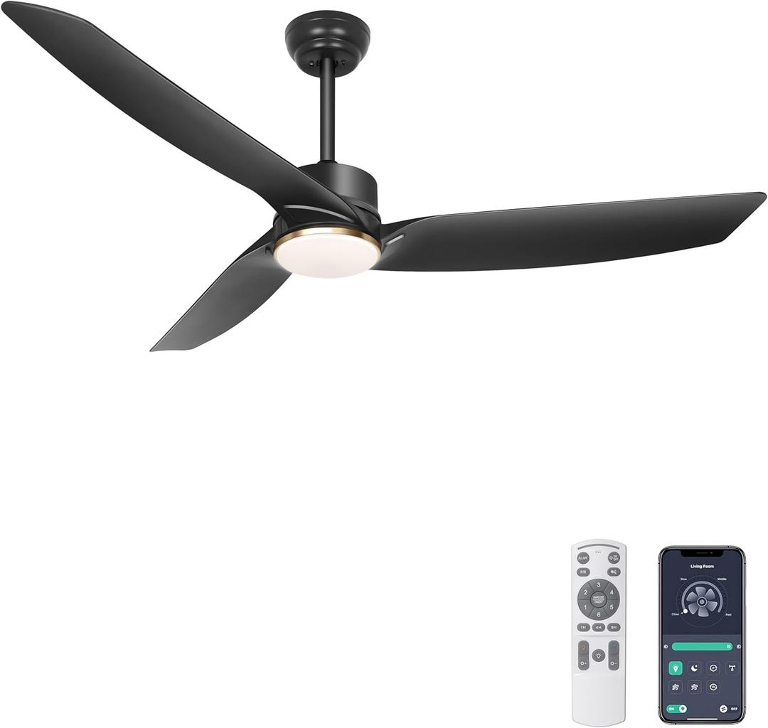 Ohniyou 56 Inch Black Ceiling Fan with Lights, Modern 3 Blades Ceiling Fan with Remote/APP Control, Reversible DC Motor, Dimmable 3 CCT, Indoor Outdoor Fan for Covered Patios Living Room