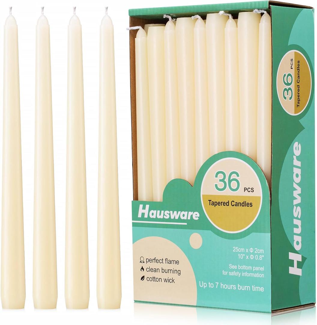 Hausware 36 Pack Taper Candles, 8 Hour Burn Time, Unscented Dripless and Smokeless, 10 inch Elegant Premium Quality Dinner Candle for Home Dcor, Restaurant, Wedding, Party Candlesticks (Ivory)