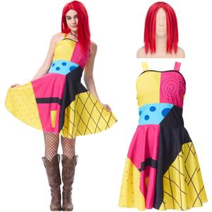 Sally Costume Women Adult Sally Dress Suspender with Wig Halloween Christmas Nnight Cosplay Outfit (Medium, Red)