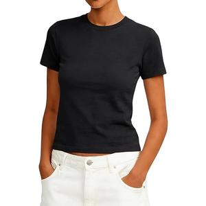 Prettywear Women Cotton Blend T Shirts Crew Neck Short Sleeve Basic Fitted Crop Tops Summer Trendy Cute Tee Black, S