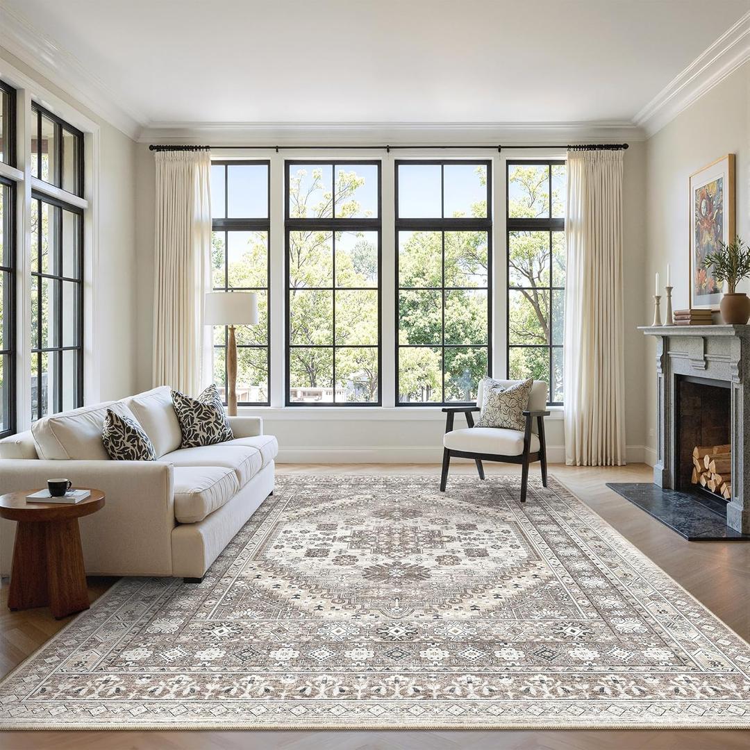 zesthome 7x9 Area Rug, Super Soft Washable Rugs for Living Room, Non-Slip Stain Resistant Vintage Rugs, Ultra-Thin Large Area Rugs (Brown/Beige,7'x9')