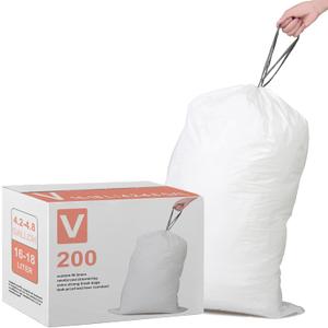 Code V 200 Count Heavy Duty Trash Bags Custom Fit 4.2-4.8 Gallon / 16-18 Liter with Reinforced Drawstring Compatible with simpleman Code V Heavy Duty White Garbage Liners Leak-Proof & Tear Resistant