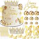AMZVALU Crown Cake Topper, Gold Happy Birthday Cake Toppers Crown Balls Candles Butterflies, Corona Para Pastel, Cake Decorations for Women Princess Queen Wedding Party Decorations (Gold, White)