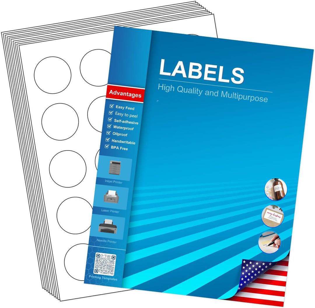1.5" Circle Labels, Round Printable Stickers to Write On, Sticker Paper for Inkjet Printer, (20 Labels/Sheet), 30 Sheets