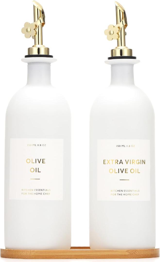 HOMCDALY Olive Oil Dispenser for Kitchen, 16oz Glass Oil Bottles with Bamboo Tray, Gold Oil&Vinegar Cruet Set, Kitchen Dispenser Bottles with Pourer | Set of 2 (16oz  Gold)