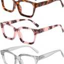 Readers for Women Oprah Style Square Reading Glasses with Spring Hinge Blue Light Blocking for Men Ladies (Gray & Tortoiseshell & Handmade Pink (With 3 Cases))