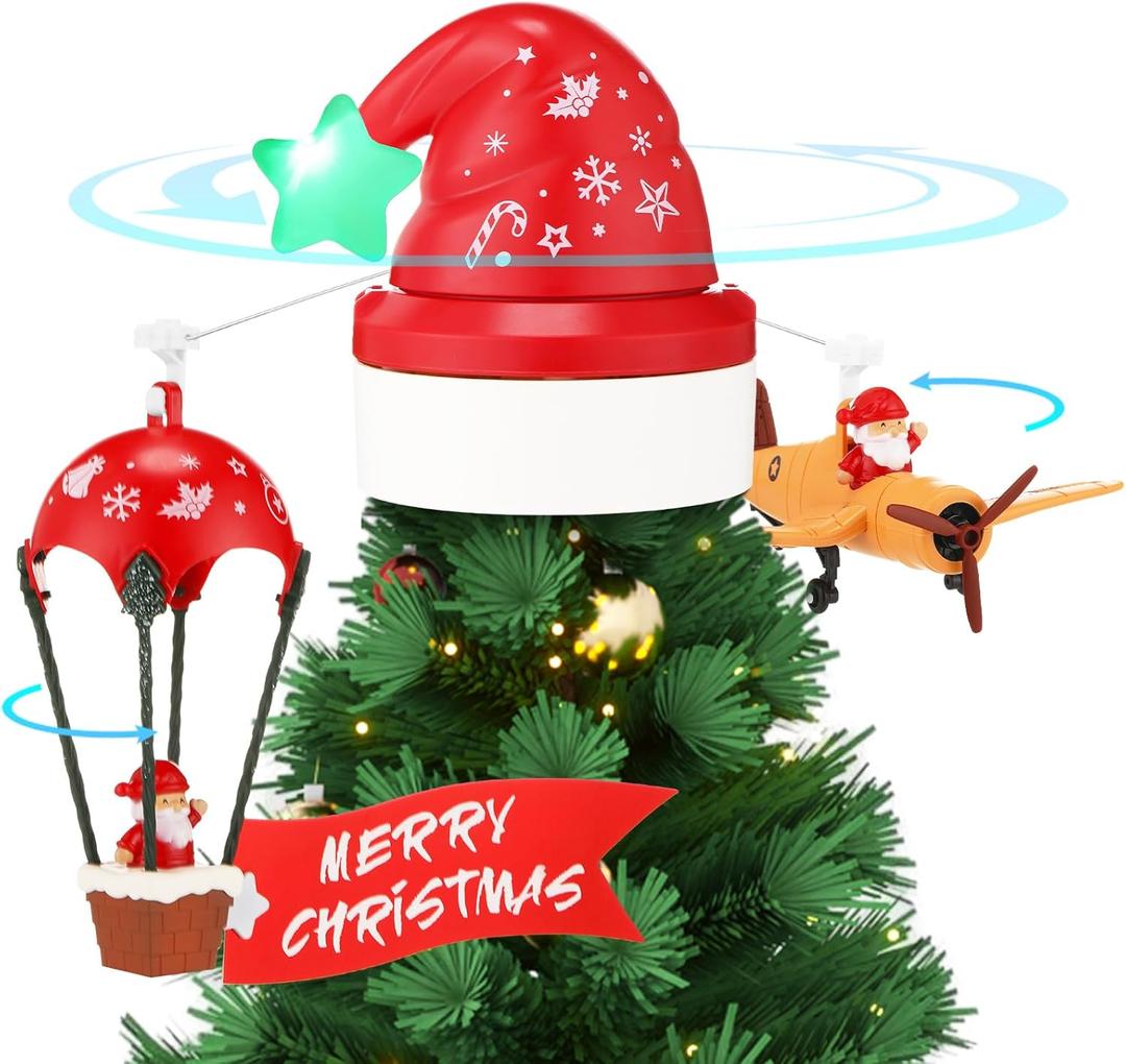 Realspring Christmas Animated Tree Topper with Santa's Hot Air Balloon and Plane with Banner Funny Christmas Tree Decoration