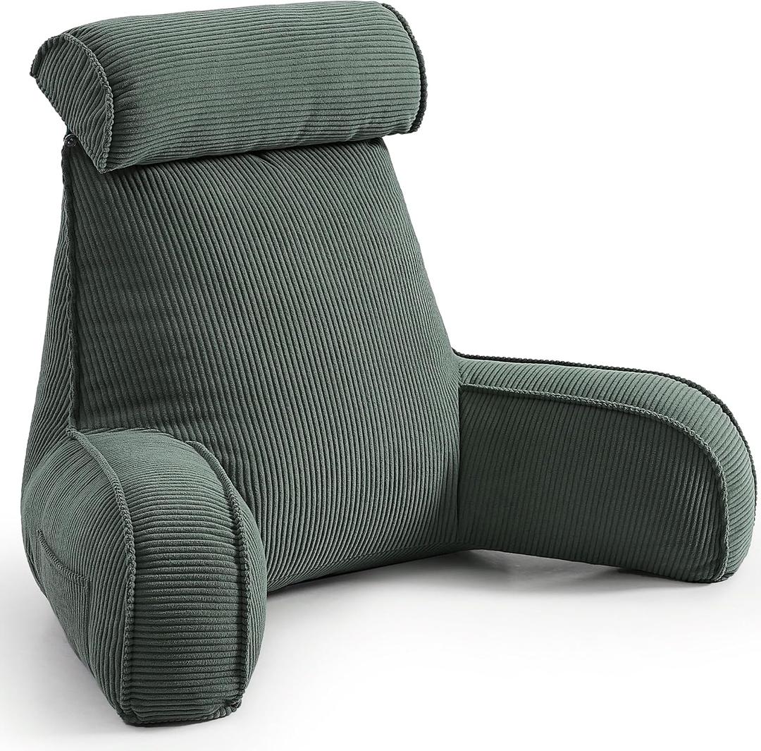 Sit Up Reading Pillow, Backrest Pillow with Arms, Corduroy Back Support Cushion with Side Pockets & Washable Cover, Bed Rest Support for Sofa Couch Floor Relax, Peacock Blue, Large