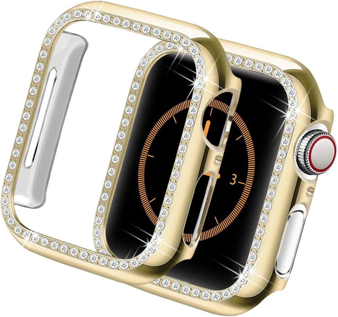 Bling Case Compatible with Apple Watch Series 9 8 7 41mm, Crystal Diamonds Rhinestone Bumper Cover for Women, Hard PC Protective Frame for iWatch 41mm Gold