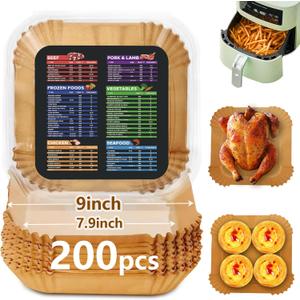 200PCS Air Fryer Liners Disposable: Square 7.9 Inch Non-Stick Airfryer Paper Liners - Food Grade Parchment Paper for 5 6 7 8 QT Air Fryer Baking and Roasting - Waterproof and OilProof (9 Inch on Top)