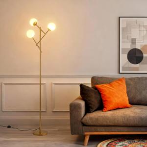 Fiqevs Globe Floor Lamp with 3 Adjustable Orb Lampshade, Gold Mid Modern Frosted Glass Standing Lamp Bulbs Included, Sputnik Tree Tall Pole Lamp for Living Room, Bedroom - Antique Brass