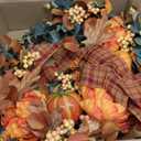 Oairse 60cm/24inch Artificial Fall Half Wreath for Front Door Autumn Wreath with Pumpkin Peony Eucalyptus Chrysanthemum and Ribbon for Halloween Thanksgiving Indoor Outdoor Farmhouse Window Wall Décor