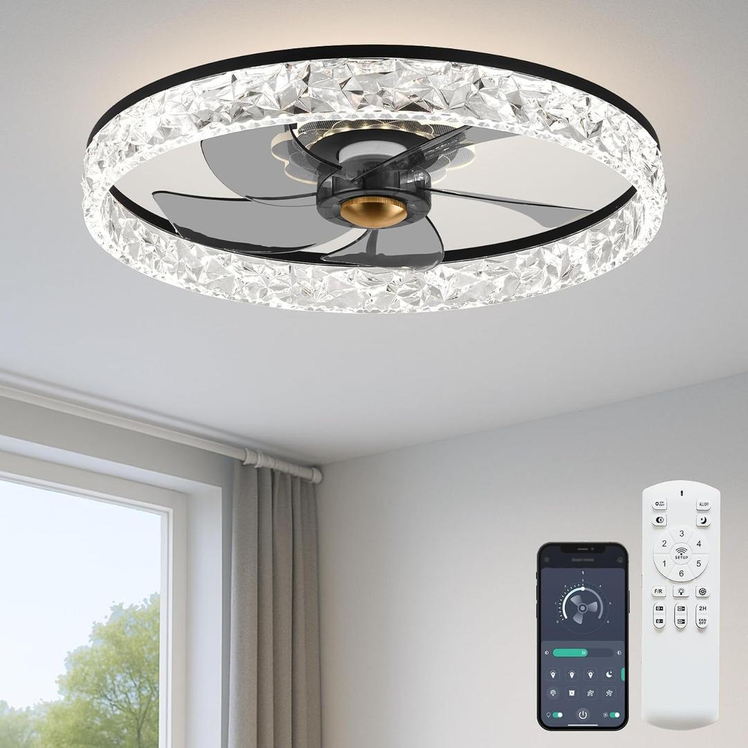 Fszdorj 20'' Ceiling Fan with Light and Remote,Balck Low profile Fandelier