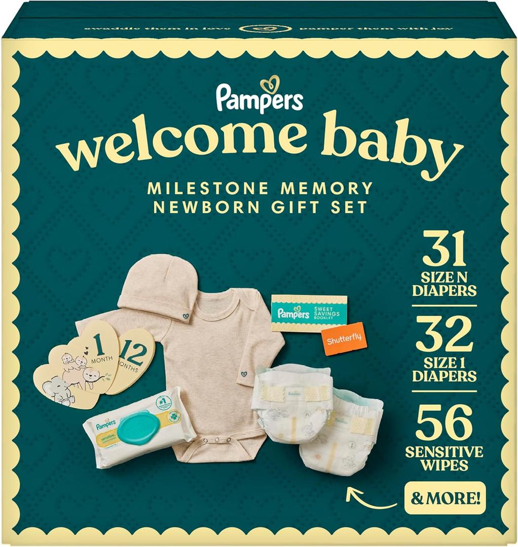 Pampers Gift Set, Disposable Diapers, Sensitive Wipes, & Milestone Gifts, 1-12 months