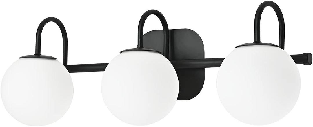 Modern Black Bathroom Vanity Light Fixtures 3 Lights Frame and Milk White Glass Globe Shade Modern Wall Sconce Lighting Bath Vanity Lights Bar Over Mirror (Exclude G9 Bulb)
