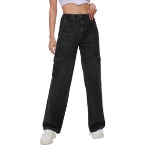 Tapata Women's 26" Cargo Jeans Straight Leg Short Petite Regular Tall Denim Relaxed Y2K Pants (Black) XL