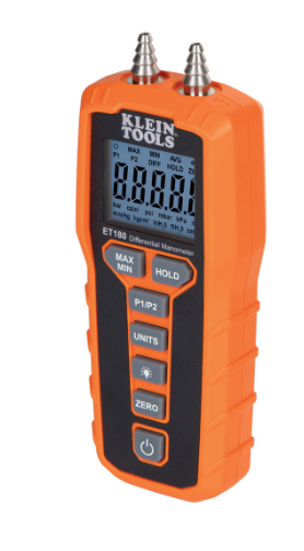 Digital Manometer, Air and Gas Pressure Tester, Differential Dual Port Pressure Gauge, Large LCD Display with Backlight Klein Tools ET180
