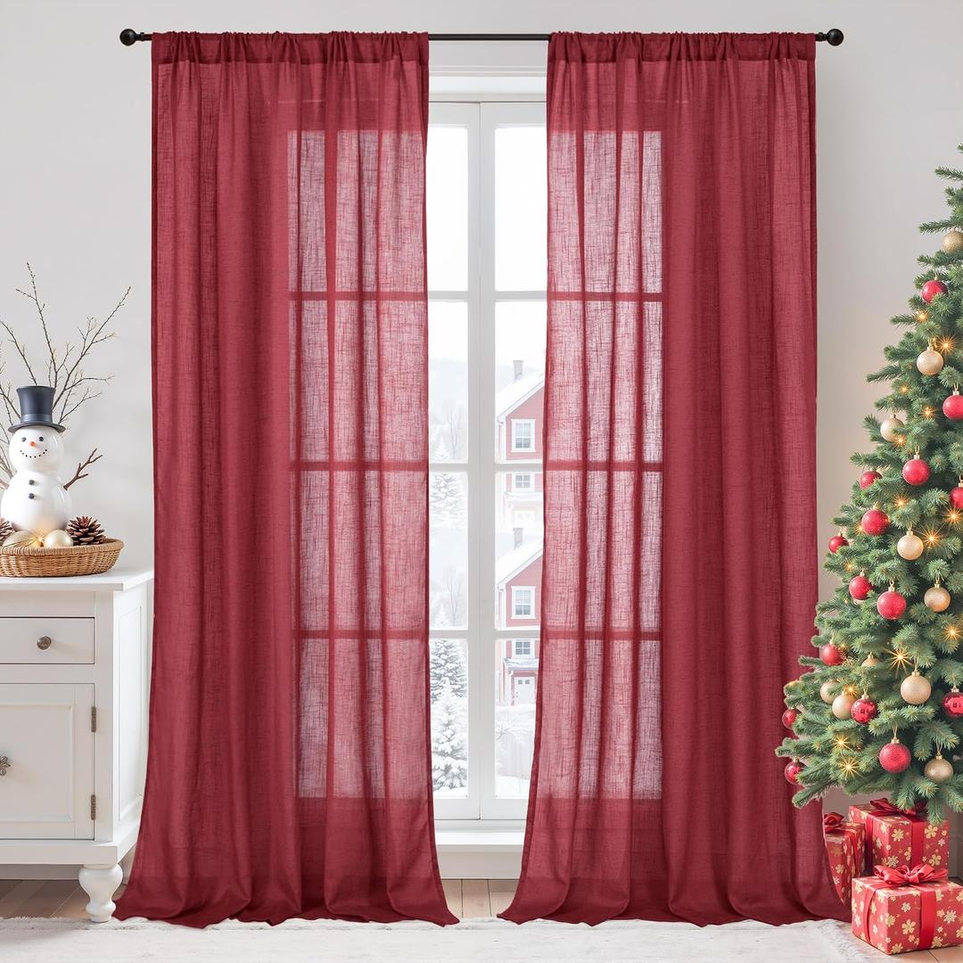 BGment Long Linen Semi Sheer Curtains 102 Inch Length for Living Room, Burgundy Lightweight Window Drapes for Bedroom with Rod Pocket Rustic Textured, 2 Panels Set, Each 52 Inch Wide
