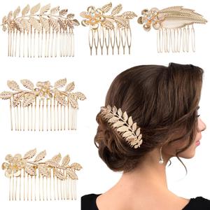 5 PCS Leaf Hair Side Combs Gold Rhinestone Hair Comb Clips with Teeth Wedding Headpiece Hair Accessories for Women, Girls, Bride, Bridesmaid(5 Different Size)