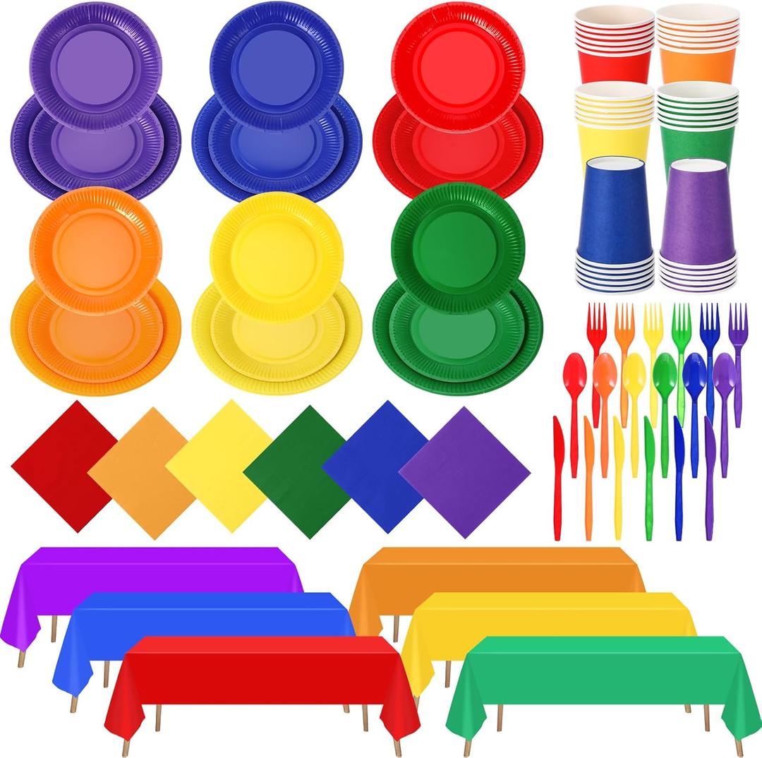 Tegeme 258 Pcs Rainbow Party Supplies Serves 36 Guests Include Colorful Paper Plates Cups Napkins Plastic Forks Knives Spoons Tablecloths Disposable Dinnerware Set for Neon Rainbow Birthday Party