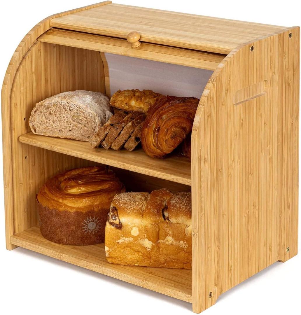 FoverOne Bamboo Bread Box for Kitchen Countertop, Rolltop Breadbox Breads Storage Boxe with Adjustable Middle Shelf
