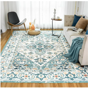 VK VK·LIVING Machine Washable Rug 9'x12' Vintage Design Washable Area Rugs with Non Slip Rugs for Living Room Bedroom Traditional Woven Carpet Stain Resistant Home Decor Boho Rug, Green&Beige