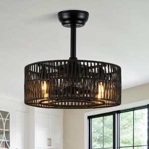 Boho Black Caged Ceiling Fan with Lights, Rattan Ceiling Fan Lighting with Remote Control 6 speeds, 3 Timing for Living Room Bedroom Dining Room Kitchen, 18 inch