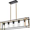MELUCEE Large Pendant Lights Kitchen Island 5 Lights Dining Room Light Fixture Farmhouse Rectangular Chandelier Black and Brass Finish with Clear Glass Shade, Adjustable Height (41 Inches)