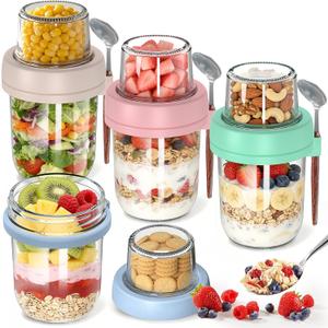 4 Pack Overnight Oats Containers with Lids and Spoons, 20 oz (16+4) Overnight Oats Jars, Glass Mason Jars with Dry and Wet Separation for Oatmeal Salad Yogurt, Dual-Layer Yogurt Containers with Lids