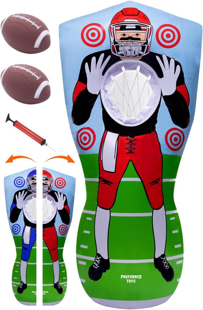 65 Inflatable Football Target Net Toss Game - Double-Sided Throwing Practice Football Stuff with Mini Balls - Backyard Tailgate Party Sports Toy for Kids & Adults (Red/Blue)