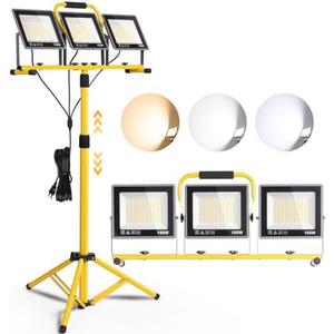 31000 Lumen LED Work Lights with Stand, Portable 3 Head Work Lights with Individual Switch (3000K/5000K/6500K Select) & 16.5FT Cord, IP66 Waterproof Foldable Tripod Stand Worklights for Outdoor Indoor