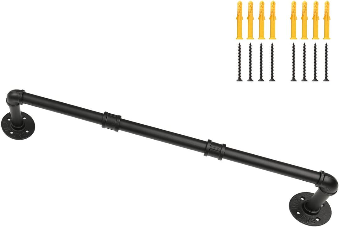 Industrial Pipe Clothing Rack, 30'' Wall Mounted Clothes Garment Rack , Black Iron Pipe Clothes Hanging Bar, Heavy Duty Metal Hanging Rod for Retail Display Closet Storage and Laundry Organizing (29 inches)