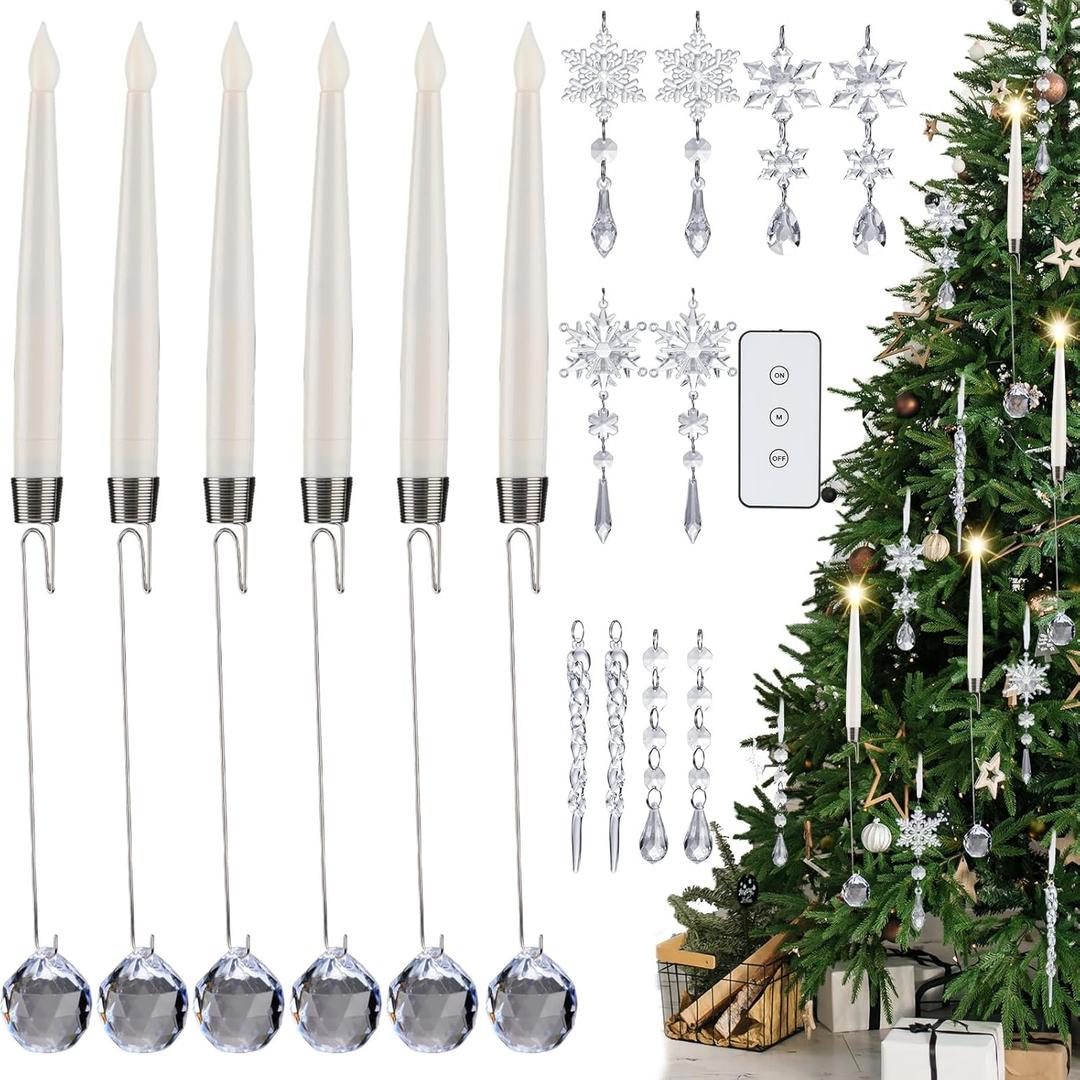 Frienda 6 Pcs Christmas Tree LED Crystal Candles with Remote 10 Pcs Santa Acrylic Snowflake Icicle Ball Ornaments with Drop Pendants Hook for Xmas Santa Holiday Party