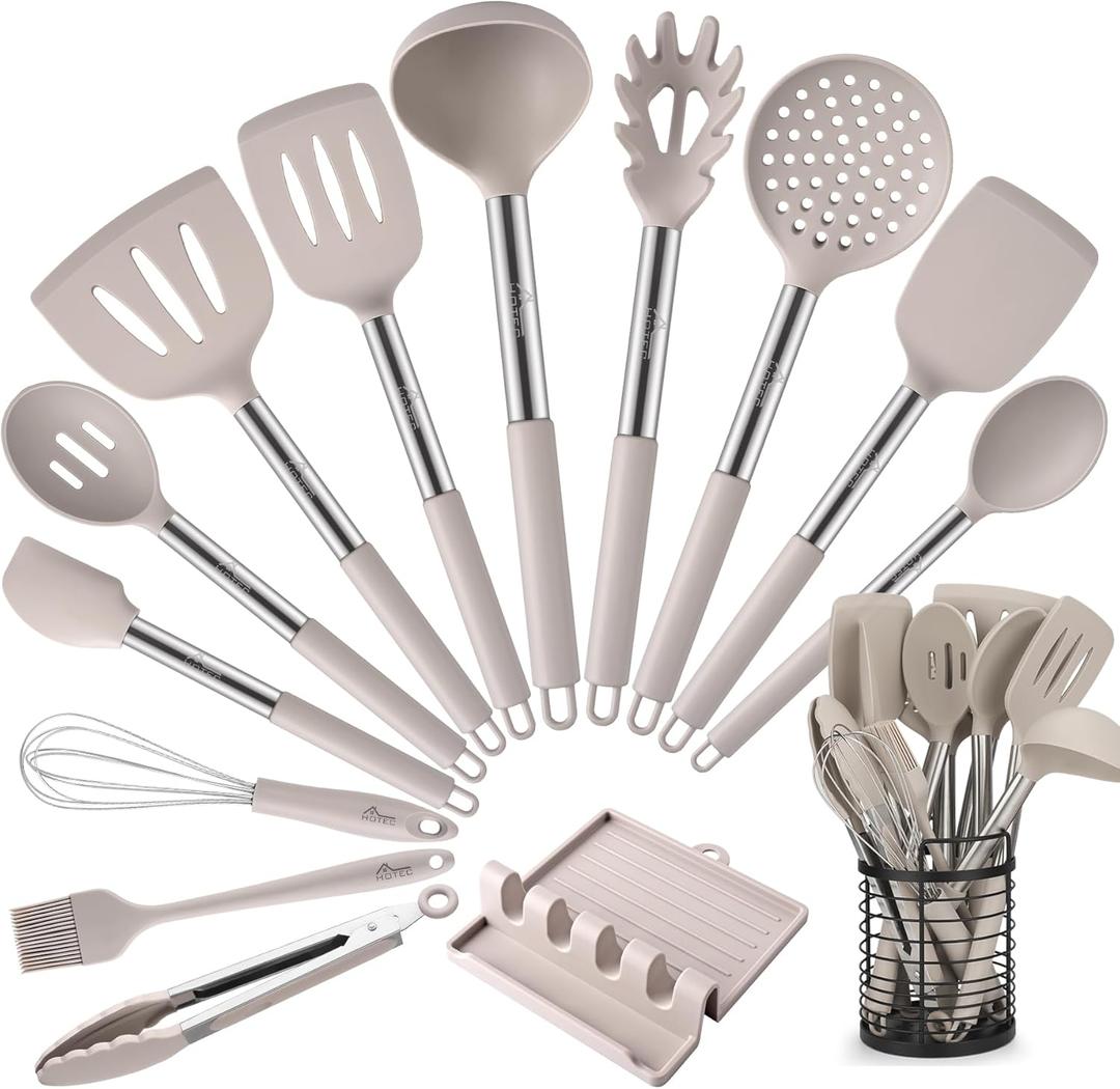 HOTEC Heat Resistant Silicone Kitchen Utensils, Cooking Utensil Set, Spatula Set, BPA Free, Kitchen Gadgets, With Stainless Steel Utensils Holder, Dishwasher Safe 14pcs Khaki