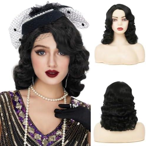 Amnenl Black Curly Finger Wave Wigs for Women Long 1920s Wig Vintage Wigs Lady Synthetic Cosplay Costume Wig