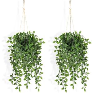 Fake Hanging Plants Indoor - 2 Pack Faux Greenery Plant for Home Decor Artificial Potted Vines with Black Plastic Planter for Bedroom Living Room Garden Front Porch Table Shelf Wall Decoration